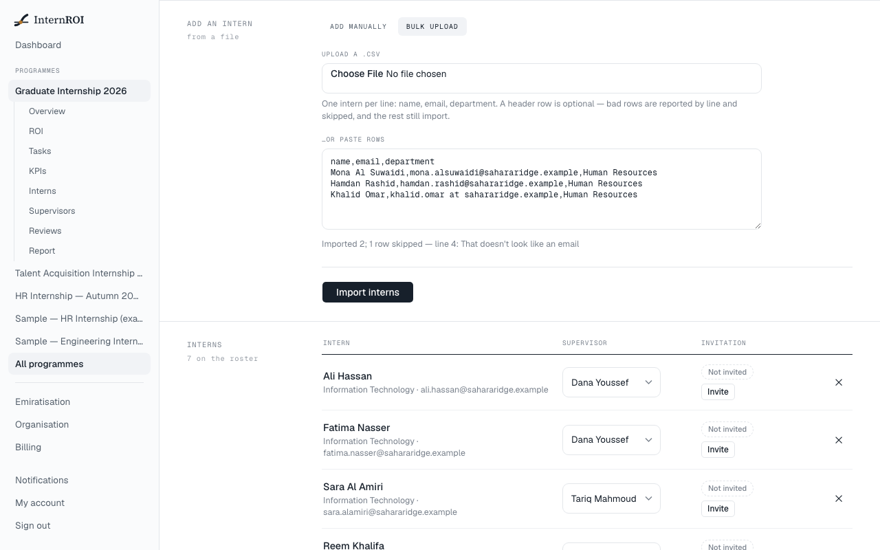 A bulk import result listing one skipped line