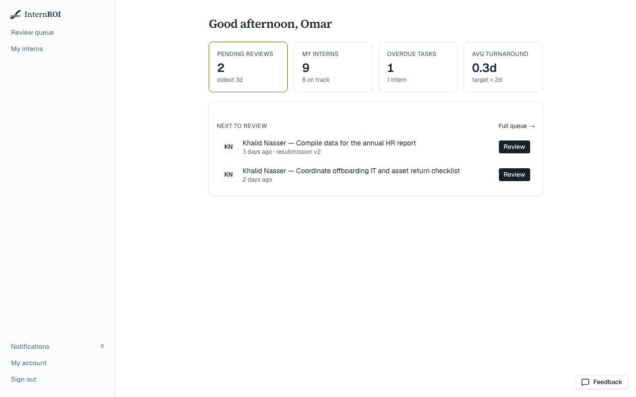 The supervisor dashboard with four tiles and Next to review